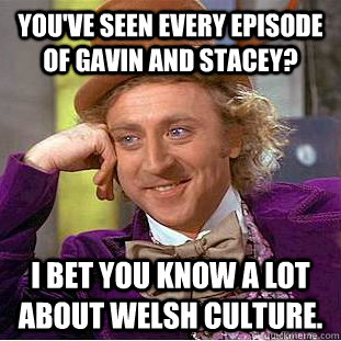 You've seen every episode of gavin and stacey? I bet you know a lot about welsh culture. - You've seen every episode of gavin and stacey? I bet you know a lot about welsh culture.  Condescending Wonka