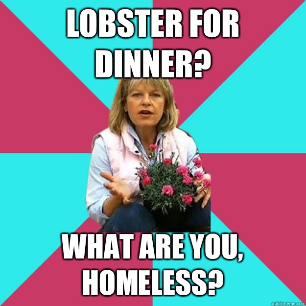 Lobster for dinner? WHAT ARE YOU, HOMELESS?  SNOB MOTHER-IN-LAW