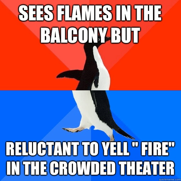 Sees flames in the balcony but Reluctant to yell 