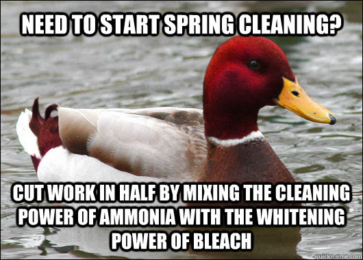 NEED TO START SPRING CLEANING? CUT WORK IN HALF BY MIXING THE CLEANING POWER OF AMMONIA WITH THE WHITENING POWER OF BLEACH  Malicious Advice Mallard