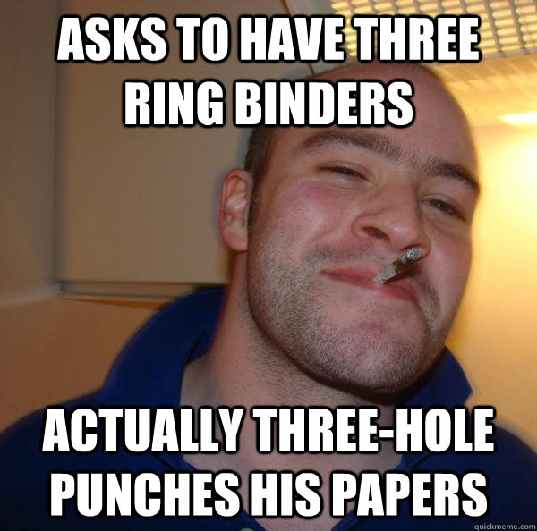 asks to have three ring binders actually threehole punches his papers