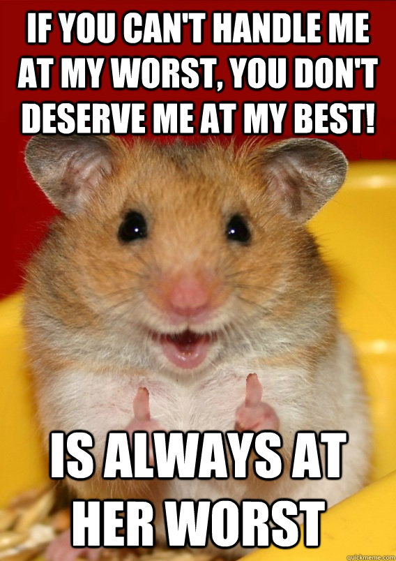 If you can't handle me at my worst, you don't deserve me at my best! Is always at her worst  Rationalization Hamster