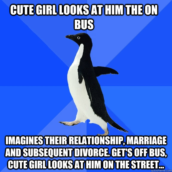 cute girl looks at him the on bus imagines their relationship, marriage and subsequent divorce. get's off bus, cute girl looks at him on the street...  Socially Awkward Penguin
