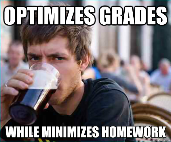 Optimizes grades while minimizes homework  Lazy College Senior