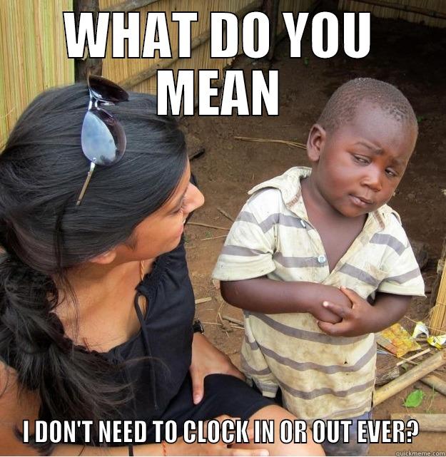 WHAT DO YOU MEAN I DON'T NEED TO CLOCK IN OR OUT EVER? Skeptical Third World Kid