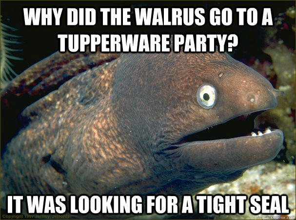 Why did the Walrus go to a tupperware party? It was looking for a tight seal  Bad Joke Eel