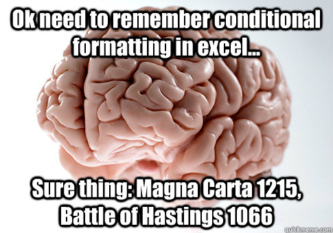 Ok need to remember conditional formatting in excel...  Sure thing: Magna Carta 1215, Battle of Hastings 1066 - Ok need to remember conditional formatting in excel...  Sure thing: Magna Carta 1215, Battle of Hastings 1066  Scumbag Brain