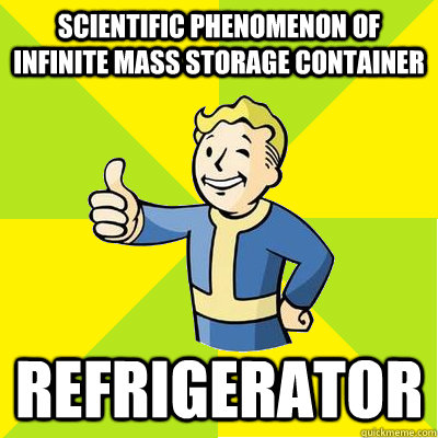 scientific phenomenon of infinite mass storage container refrigerator  Fallout new vegas