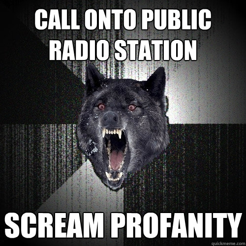 call onto public radio station scream profanity  Insanity Wolf