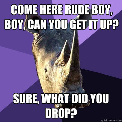 Come here rude boy, boy, can you get it up? sure, what did you drop?  Sexually Oblivious Rhino