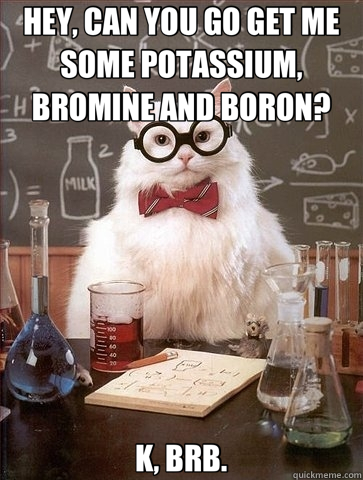 HEY, CAN YOU GO GET ME SOME POTASSIUM, BROMINE AND BORON? K, BRB. - HEY, CAN YOU GO GET ME SOME POTASSIUM, BROMINE AND BORON? K, BRB.  Chemistry Cat