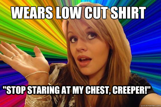 wears low cut shirt 
 