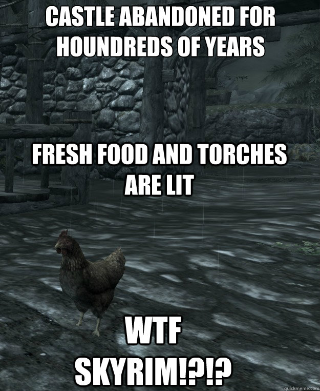 Castle abandoned for houndreds of years

 Fresh food and torches are lit wtf skyrim!?!?  Skyrim Logic