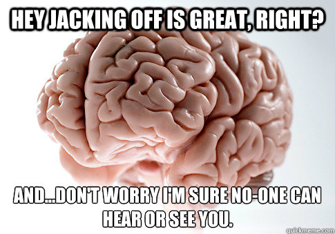 HEY JACKING OFF IS GREAT, RIGHT? AND...DON'T WORRY I'M SURE NO-ONE CAN HEAR OR SEE YOU.   Scumbag Brain