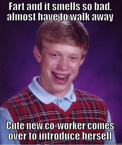 FART AND IT SMELLS SO BAD, ALMOST HAVE TO WALK AWAY CUTE NEW CO-WORKER COMES OVER TO INTRODUCE HERSELF Bad Luck Brian