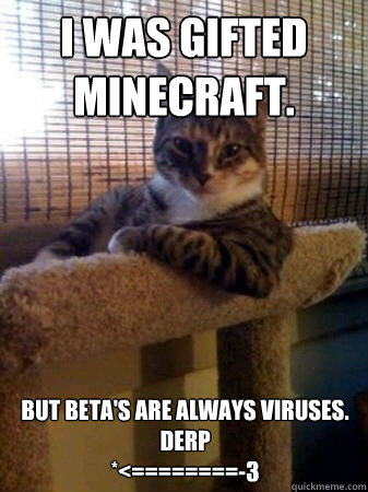 I WAS GIFTED MINECRAFT.
 BUT BETA'S ARE ALWAYS VIRUSES.
DERP
*<========-3  The Most Interesting Cat in the World