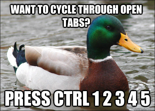Want to cycle through open tabs? Press CTRL 1 2 3 4 5  Actual Advice Mallard