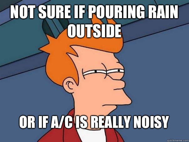 Not sure if pouring rain outside Or if a/c is really noisy  Futurama Fry