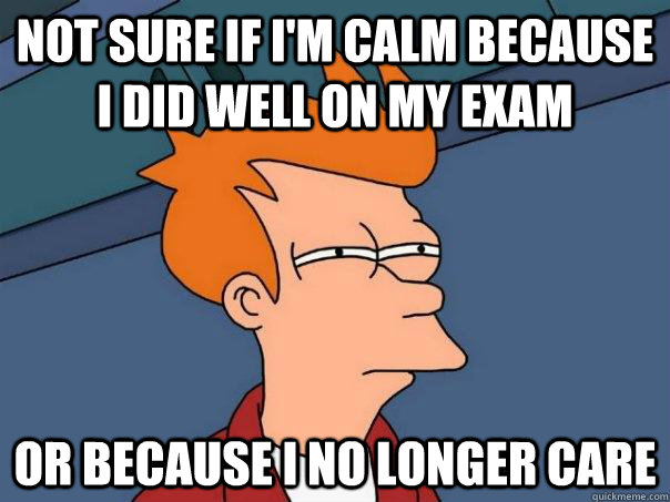 not sure if i'm calm because i did well on my exam or because i no longer care - not sure if i'm calm because i did well on my exam or because i no longer care  Futurama Fry