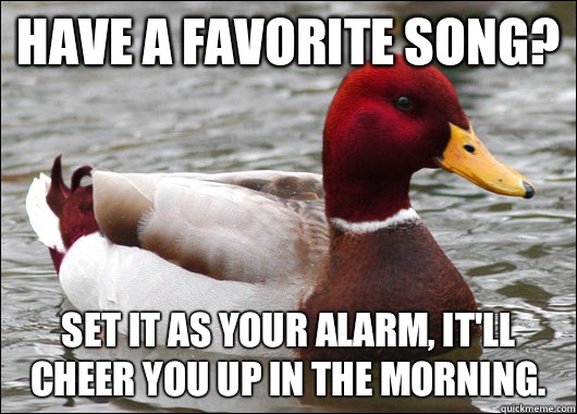 Have a favorite song? Set it as your alarm, it'll cheer you up in the morning.  Malicious Advice Mallard