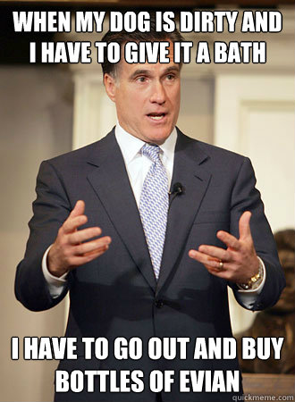 When my dog is dirty and I have to give it a bath I have to go out and buy bottles of evian  Relatable Romney