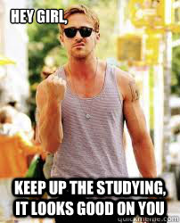 Hey Girl, keep up the studying, it looks good on you  Ryan Gosling Motivation