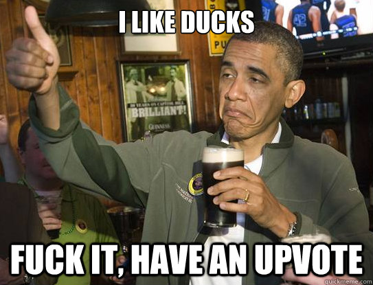 I like ducks fuck it, have an Upvote  Upvoting Obama