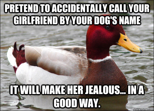 Pretend to accidentally call your girlfriend by your dog's name it will make her jealous... in a good way.  Malicious Advice Mallard