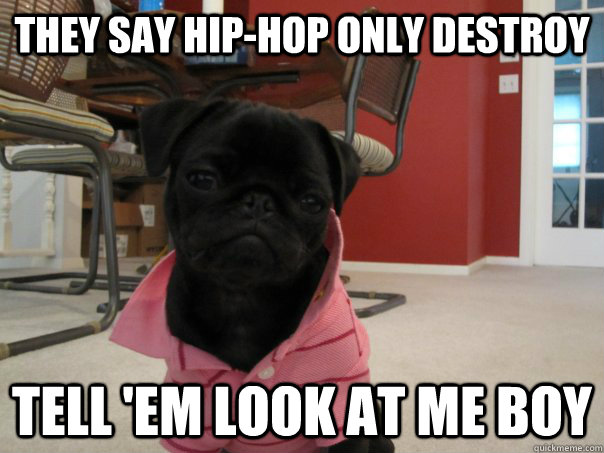 They say hip-hop only destroy tell 'em look at me boy   Popped-Collar Pug