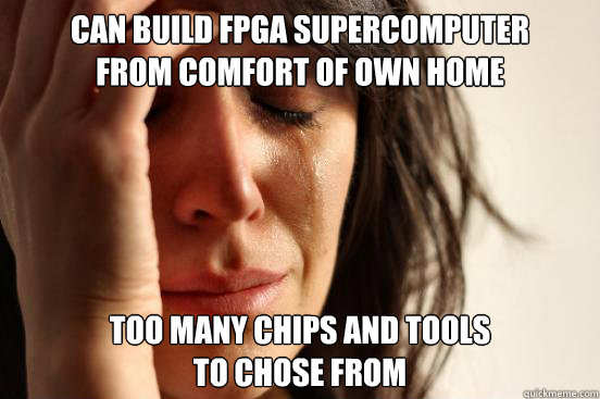 Can Build FPGA supercomputer
from comfort of own home TOO MANY CHIPS AND TOOLS
TO CHOSE FROM  First World Problems