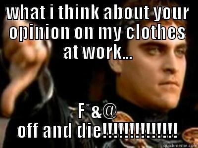 WHAT I THINK ABOUT YOUR OPINION ON MY CLOTHES AT WORK... F*&@ OFF AND DIE!!!!!!!!!!!!!! Downvoting Roman