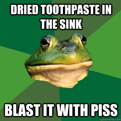 Dried toothpaste in the sink Blast it with piss  Foul Bachelor Frog