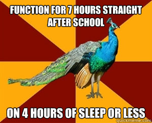 function for 7 hours straight after school on 4 hours of sleep or less  Thespian Peacock