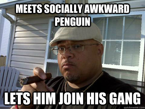 Meets socially awkward penguin Lets him join his gang  Ghetto Good Guy Greg