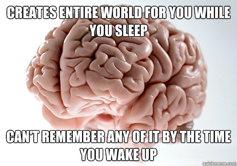 Creates entire world for you while you sleep can't remember any of it by the time you wake up  Scumbag Brain