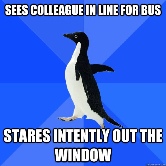 Sees colleague in line for bus stares intently out the window  Socially Awkward Penguin