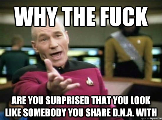 Why the fuck are you surprised that you look like somebody you share D.N.A. with   Annoyed Picard HD