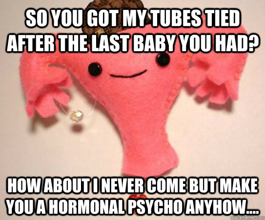 So you got my tubes tied after the last baby you had? How about I never come but make you a hormonal psycho anyhow....  - So you got my tubes tied after the last baby you had? How about I never come but make you a hormonal psycho anyhow....   Scumbag Uterus