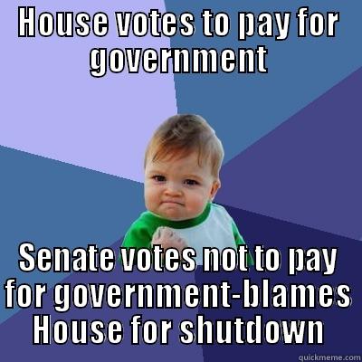 HOUSE VOTES TO PAY FOR GOVERNMENT SENATE VOTES NOT TO PAY FOR GOVERNMENT-BLAMES HOUSE FOR SHUTDOWN Success Kid