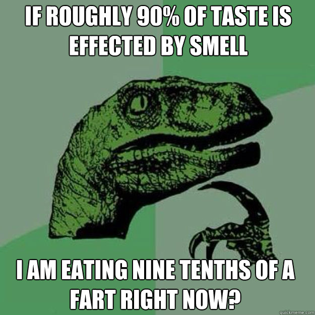 If roughly 90% of taste is effected by smell I am eating nine tenths of a fart right now?  raptor