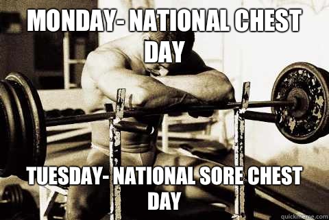 Monday- national chest day  Tuesday- national sore chest day - Monday- national chest day  Tuesday- national sore chest day  sad muscle guy
