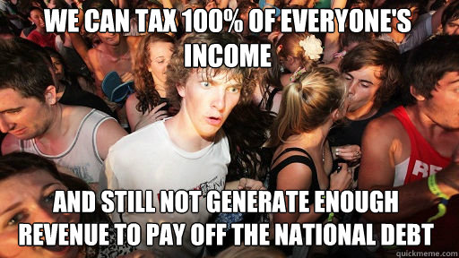 we can tax 100% of everyone's income
 and still not generate enough revenue to pay off the national debt  Sudden Clarity Clarence