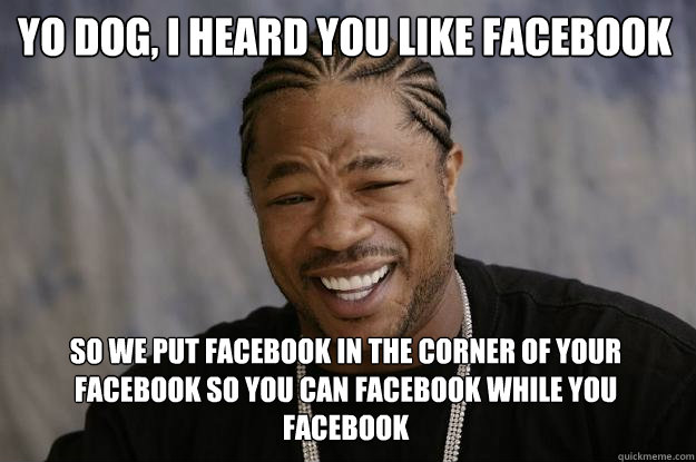 Yo dog, I heard you like facebook So we put facebook in the corner of your facebook so you can facebook while you facebook  Xzibit meme