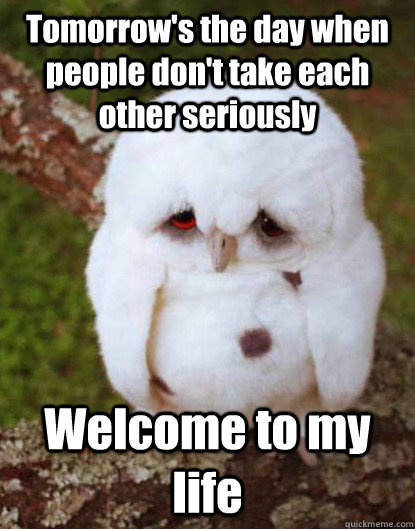 Tomorrow's the day when people don't take each other seriously Welcome to my life  Depressed Baby Owl