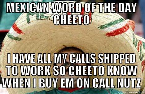 MEXICAN WORD OF THE DAY CHEETO I HAVE ALL MY CALLS SHIPPED TO WORK SO CHEETO KNOW WHEN I BUY EM ON CALL NUTZ Merry mexican