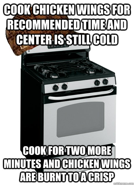 Cook chicken wings for recommended time and center is still cold Cook for two more minutes and chicken wings are burnt to a crisp  Scumbag Oven
