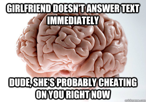 girlfriend doesn't answer text immediately dude, she's probably cheating on you right now   Scumbag Brain