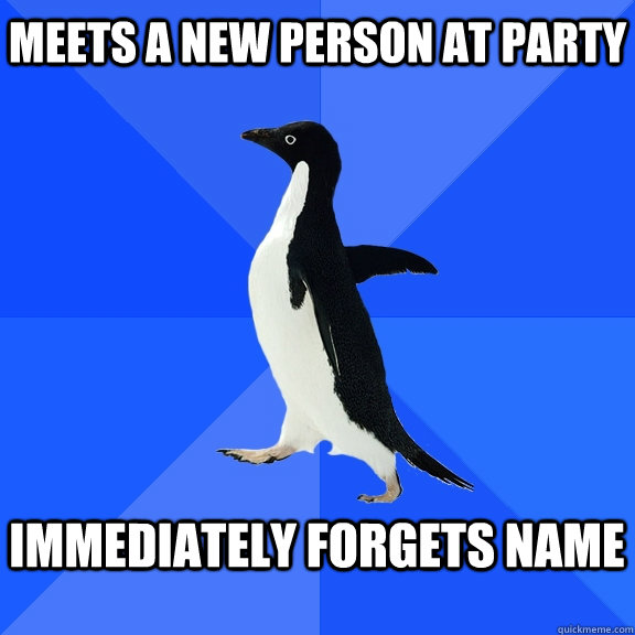 Meets a new person at party  Immediately forgets name   Socially Awkward Penguin