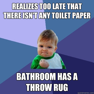realizes too late that there isn't any toilet paper bathroom has a throw rug  Success Kid