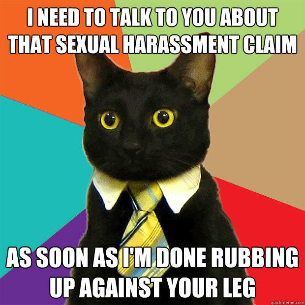 i need to talk to you about that sexual harassment claim as soon as i'm done rubbing up against your leg  